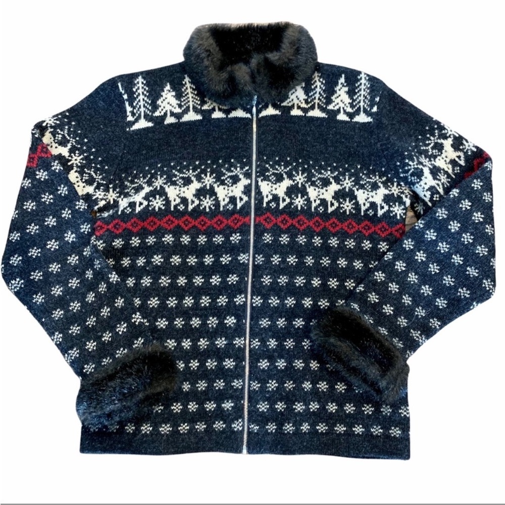 🇺🇸RALPH LAUREN Vintage Fair Isle❄️Charcoal Cardigan with Faux Fur Collar & Cuffs